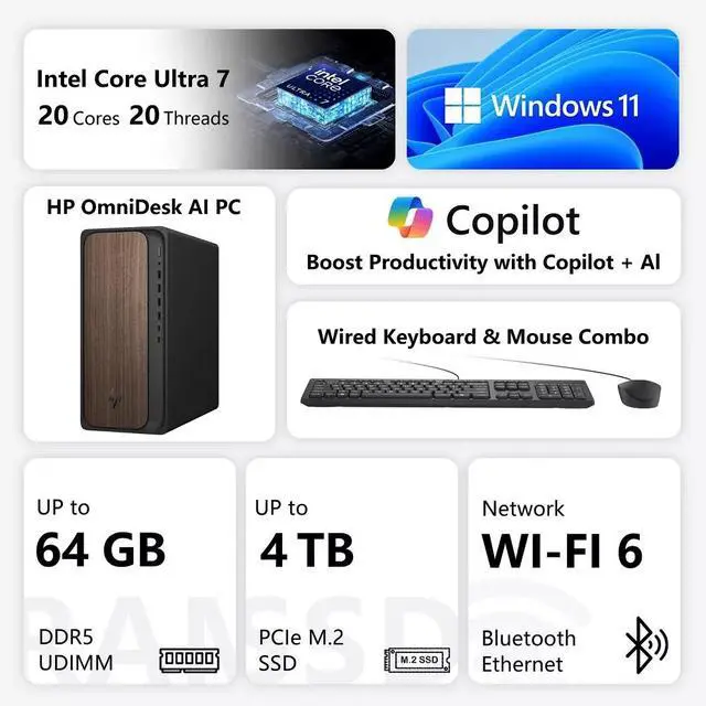 Alt view image 2 of 7 - HP OmniDesk M03 Premium Tower Desktop, Intel Core Ultra 7 265, 16GB DDR5 UDIMM, 512GB SSD, Wi-Fi 6, Windows 11 Home, Black