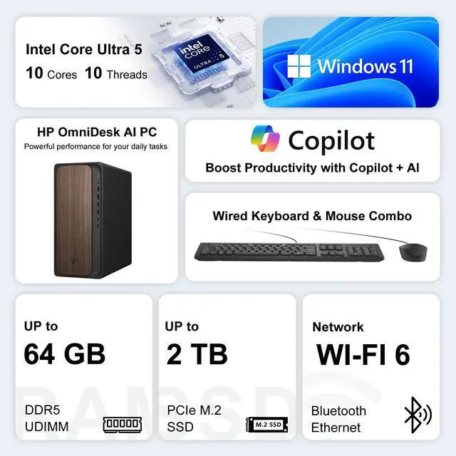 Alt view image 2 of 7 - HP OmniDesk Premium AI Desktop, Intel Core Ultra 5 225, 16GB DDR5 UDIMM, 512GB SSD, Wi-Fi 6, Windows 11 Home, Black