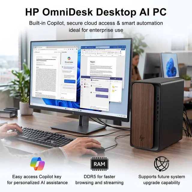 Alt view image 4 of 7 - HP OmniDesk Premium AI Desktop, Intel Core Ultra 5 225, 16GB DDR5 UDIMM, 512GB SSD, Wi-Fi 6, Windows 11 Home, Black