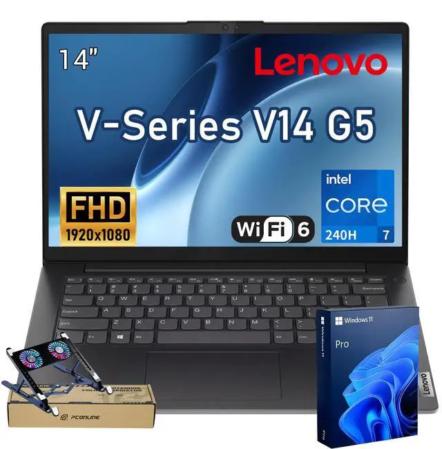 Main image of LENOVO V-Series V14 Gen 5 Business Laptop, 14" FHD, Intel Core 7 240H, 24GB RAM, 1TB SSD, Wi-Fi 6, Windows 11 Pro, Black
