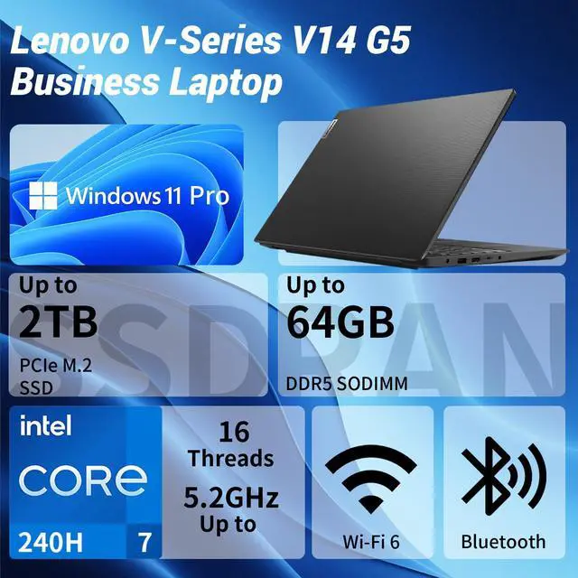 Alt view image 2 of 5 - LENOVO V-Series V14 Gen 5 Business Laptop, 14" FHD, Intel Core 7 240H, 24GB RAM, 1TB SSD, Wi-Fi 6, Windows 11 Pro, Black