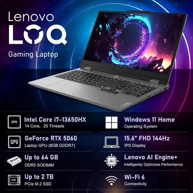 Alt view image 2 of 6 - LENOVO LOQ Gaming Laptop, 15.6" FHD 144Hz, Intel Core i7-13650HX, NVIDIA GeForce RTX 5060, 16GB RAM, 1TB SSD, Wi-Fi 6, Backlit Keyboard, Windows 11 Home, Grey