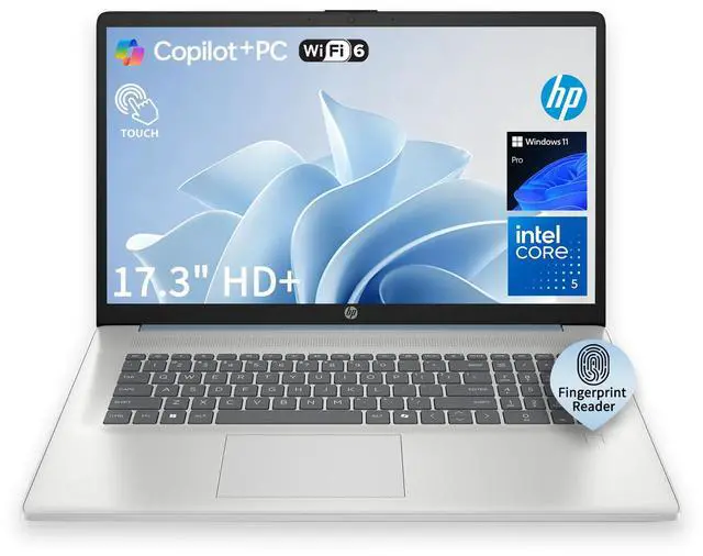 Main image of HP Essential 17t-cn400 Premium AI Laptop, 17.3" Touchscreen, Intel Core 5 120U, 64GB RAM, 1TB SSD, Wi-Fi 6, Fingerprint Reader, Windows 11 Pro, Silver