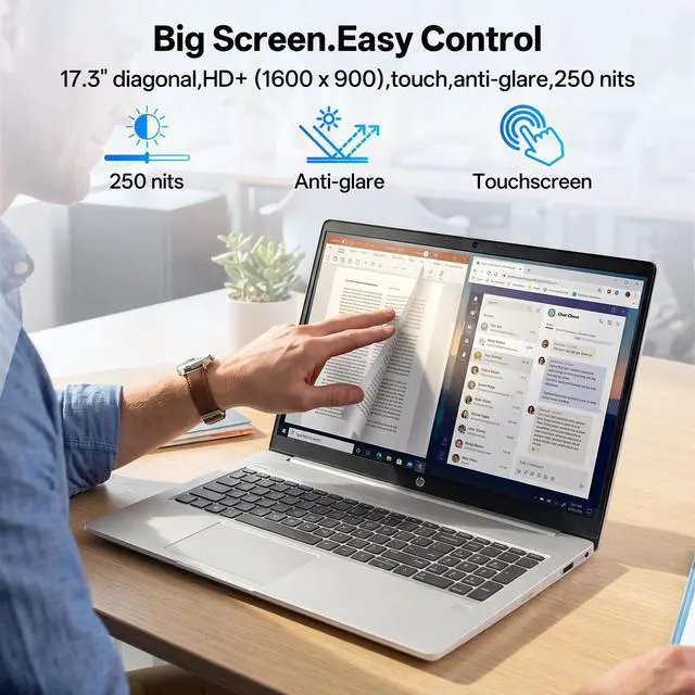 Alt view image 4 of 7 - HP Essential 17t-cn400 Premium AI Laptop, 17.3" Touchscreen, Intel Core 5 120U, 64GB RAM, 1TB SSD, Wi-Fi 6, Fingerprint Reader, Windows 11 Pro, Silver
