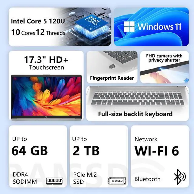 Alt view image 2 of 7 - HP Essential 17t-cn400 Premium AI Laptop, 17.3" Touchscreen, Intel Core 5 120U, 64GB RAM, 1TB SSD, Wi-Fi 6, Fingerprint Reader, Windows 11 Pro, Silver