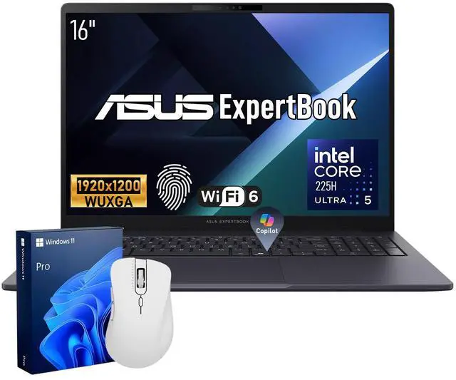 Main image of ASUS ExpertBook Business Laptop, 16" FHD+, Intel Core Ultra 5 225H, 32GB DDR5 RAM, 1TB SSD, Wi-Fi 6, Windows 11 Pro, PCO Bundle-Wireless Mouse, Grey