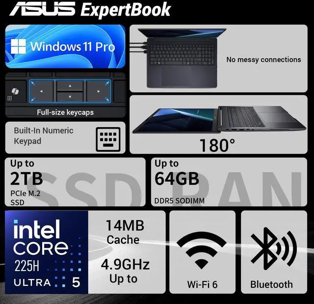 Alt view image 2 of 7 - ASUS ExpertBook Business Laptop, 16" FHD+, Intel Core Ultra 5 225H, 32GB DDR5 RAM, 1TB SSD, Wi-Fi 6, Windows 11 Pro, PCO Bundle-Wireless Mouse, Grey