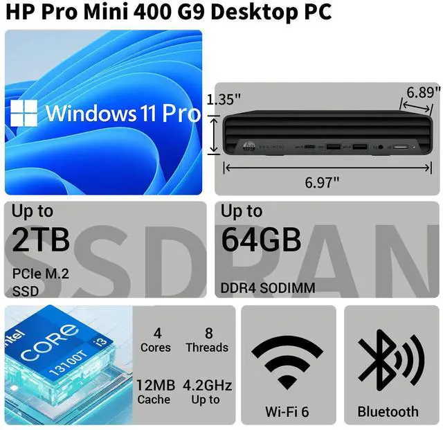 Alt view image 2 of 7 - HP ProDesk 400 G9 Business MFF Desktop, Intel Core i3-13100T, 8GB DDR4 RAM, 512GB SSD, Wi-Fi 6, Windows 11 Pro, Black