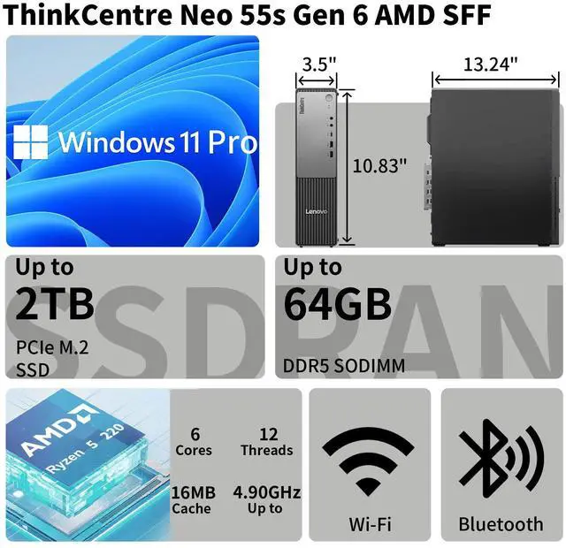 Alt view image 2 of 7 - Lenovo ThinkCentre neo 55s Gen 6 Business SFF Desktop, AMD Ryzen 5 220, 16GB DDR5 RAM, 2TB SSD, Wi-Fi 7, Windows 11 Pro, Black