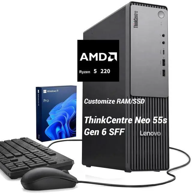 Main image of Lenovo ThinkCentre neo 55s Gen 6 Business SFF Desktop, AMD Ryzen 5 220, 16GB DDR5 RAM, 2TB SSD, Wi-Fi 7, Windows 11 Pro, Black
