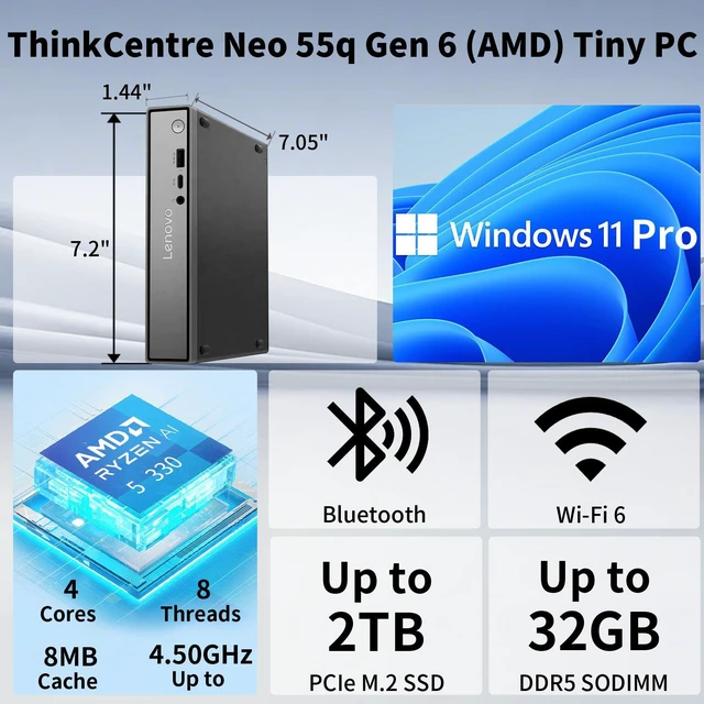Alt view image 2 of 7 - Lenovo ThinkCentre neo 55q Gen 6 Business MFF Desktop, AMD Ryzen AI 5 330, 16GB DDR5 RAM, 1TB SSD, Wi-Fi 6, Windows 11 Pro, Black