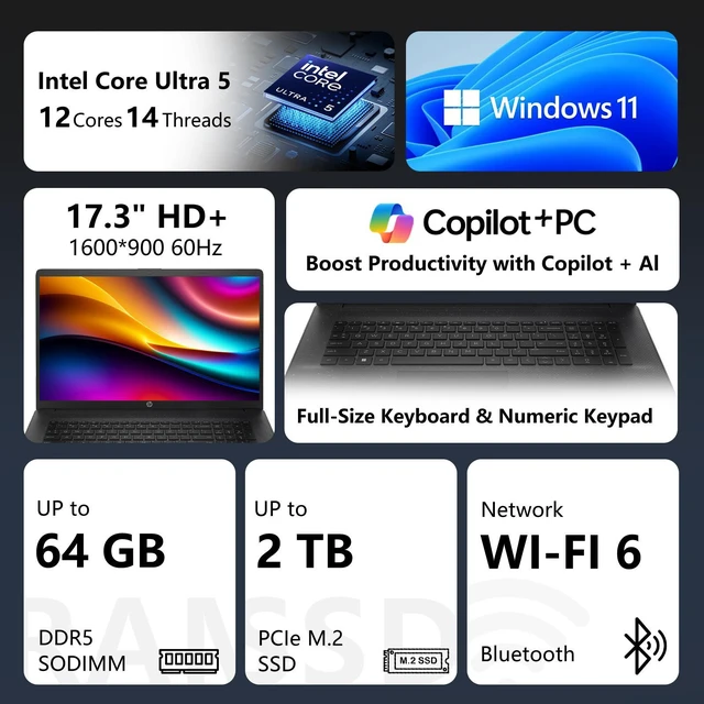 Alt view image 2 of 7 - HP Essential 17t-cn500 Premium Laptop, 17.3" Screen, Intel Core Ultra 5 225U, 24GB DDR5 RAM, 1TB SSD, Wi-Fi 6, Windows 11 Pro, Black