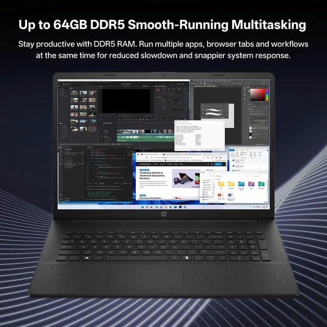 Alt view image 5 of 7 - HP Essential 17t-cn500 Premium Laptop, 17.3" Screen, Intel Core Ultra 5 225U, 24GB DDR5 RAM, 1TB SSD, Wi-Fi 6, Windows 11 Pro, Black