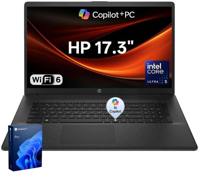 Main image of HP Essential 17t-cn500 Premium Laptop, 17.3" Screen, Intel Core Ultra 5 225U, 24GB DDR5 RAM, 1TB SSD, Wi-Fi 6, Windows 11 Pro, Black