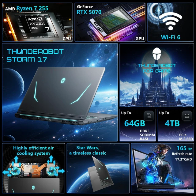 Alt view image 2 of 7 - THUNDEROBOT Storm 17 Gaming Laptop, 17.3" QHD 165Hz, AMD Ryzen 7 255, NVIDIA GeForce RTX 5070, 16GB DDR5 RAM, 1TB SSD, Wi-Fi 6, Windows 11 Home, RGB Backlit Keyboard, Black