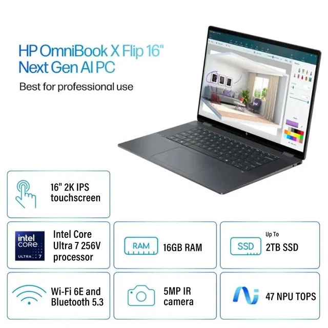 Alt view image 2 of 7 - HP OmniBook X 16-as0023dx Premium 2-in-1 Laptop, 16" FHD+ Touchscreen, Intel Core Ultra 7 256V, 16GB RAM, 512GB SSD, Wi-Fi 6, Windows 11 Pro, Grey