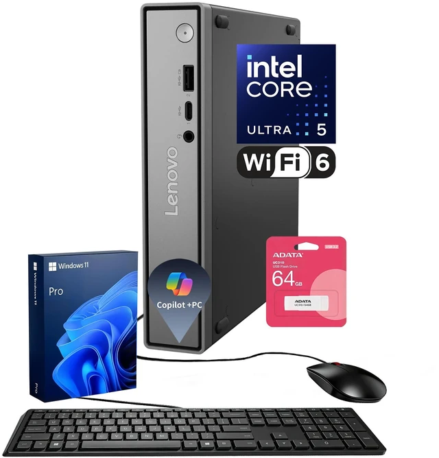Main image of LENOVO ThinkCentre neo 50q Business MFF Desktop, Intel Core Ultra 5 226V, 16GB RAM, 512GB SSD, Wi-Fi 6, Windows 11 Pro, PCO Bundle-ADATA UC310 64GB, Black