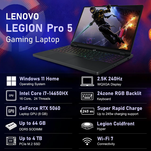 Alt view image 2 of 7 - Lenovo Legion Pro 5 Gen 10 Gaming Laptop, 16" WQXGA 240Hz, Intel Core i7-14650HX, NVIDIA GeForce RTX 5060, 16GB DDR5 RAM, 1TB SSD, Wi-Fi 7, Windows 11 Home, RGB Backlit Keyboard, Black