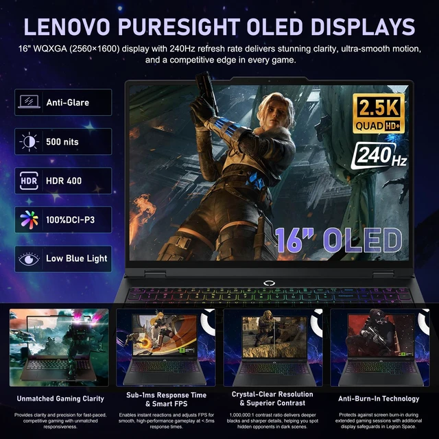 Alt view image 5 of 7 - Lenovo Legion Pro 5 Gen 10 Gaming Laptop, 16" WQXGA 240Hz, Intel Core i7-14650HX, NVIDIA GeForce RTX 5060, 16GB DDR5 RAM, 1TB SSD, Wi-Fi 7, Windows 11 Home, RGB Backlit Keyboard, Black