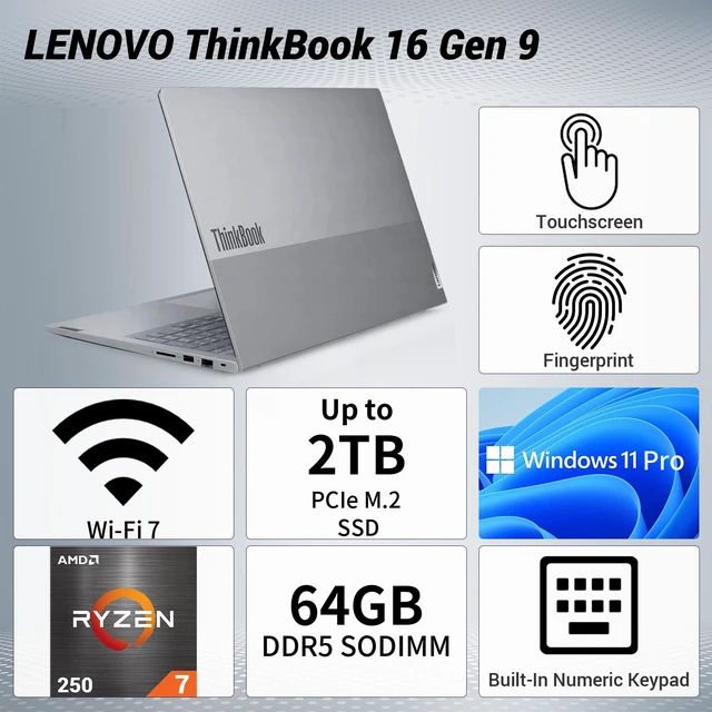 Alt view image 2 of 7 - Lenovo ThinkBook 16 Gen 9 Business Laptop, 16" FHD+ Touchscreen, AMD Ryzen 7 250, 16GB DDR5 RAM, 512GB SSD, Wi-Fi 7, Windows 11 Pro, PCO Bundle-ADATA UC310 64GB, Grey