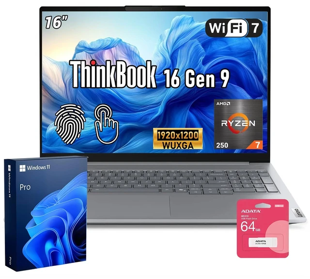 Main image of Lenovo ThinkBook 16 Gen 9 Business Laptop, 16" FHD+ Touchscreen, AMD Ryzen 7 250, 16GB DDR5 RAM, 512GB SSD, Wi-Fi 7, Windows 11 Pro, PCO Bundle-ADATA UC310 64GB, Grey