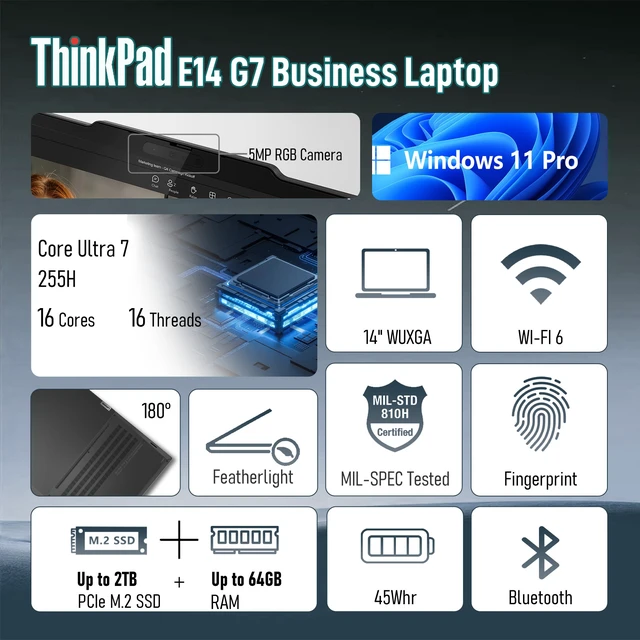 Alt view image 2 of 7 - Lenovo ThinkPad E14 Gen 7 Business Laptop, 14" FHD+, Intel Core Ultra 7 255H, 16GB DDR5 RAM, 1TB SSD, Wi-Fi 6, Windows 11 Pro, Black