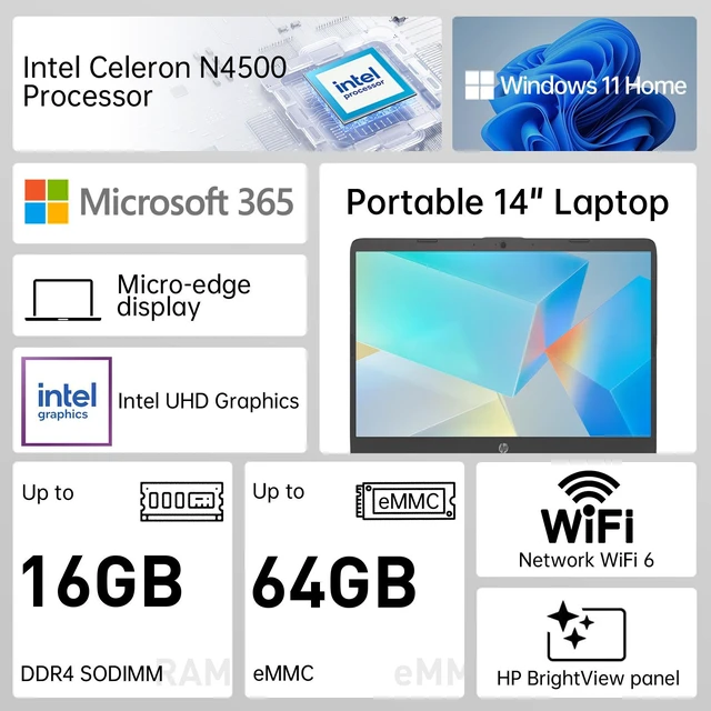 Alt view image 2 of 7 - HP Essential 14-dq3000dx Entry Laptop, 14"Screen, Intel Celeron N4500, 4GB RAM, 64GB eMMC, Wi-Fi 6, Windows 11 Home, White