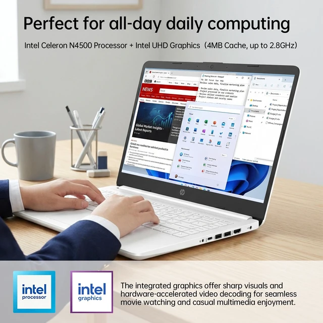 Alt view image 4 of 7 - HP Essential 14-dq3000dx Entry Laptop, 14"Screen, Intel Celeron N4500, 4GB RAM, 64GB eMMC, Wi-Fi 6, Windows 11 Home, White
