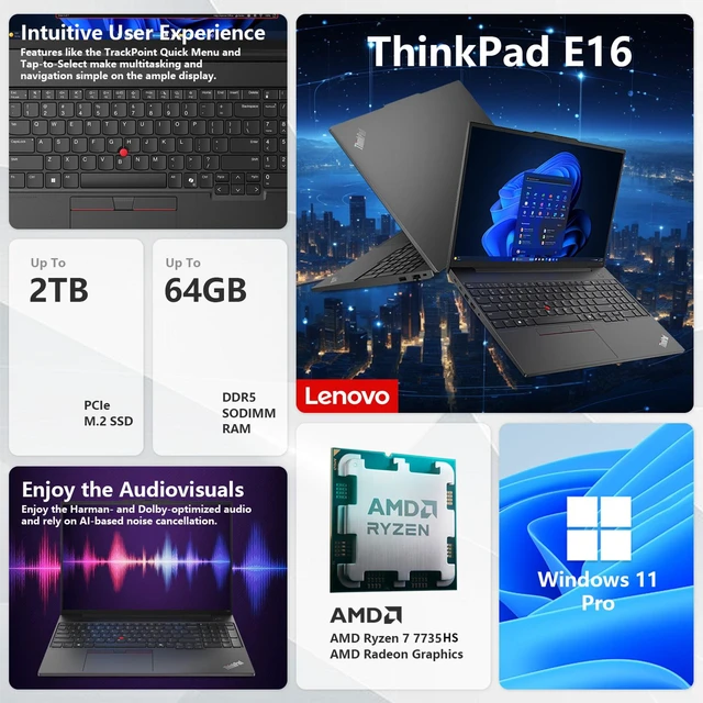 Alt view image 2 of 7 - Lenovo ThinkPad E16 Gen 2 Business Laptop, 16" FHD+, AMD Ryzen 7 7735HS, 16GB DDR5 RAM, 512GB SSD, Wi-Fi 6, Windows 11 Pro, Black