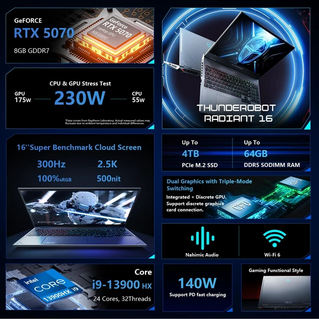 Alt view image 2 of 7 - Thunderobot Radiant 16 Gaming Laptop, 16" WQXGA 300Hz, Intel Core i9-13900HX, NVIDIA GeForce RTX 5070, 64GB DDR5 RAM, 4TB SSD, Wi-Fi 6, Windows 11 Home, RGB Backlit Keyboard, Grey