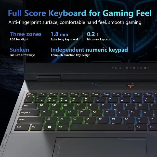 Alt view image 6 of 7 - Thunderobot Radiant 16 Gaming Laptop, 16" WQXGA 300Hz, Intel Core i9-13900HX, NVIDIA GeForce RTX 5070, 64GB DDR5 RAM, 4TB SSD, Wi-Fi 6, Windows 11 Home, RGB Backlit Keyboard, Grey