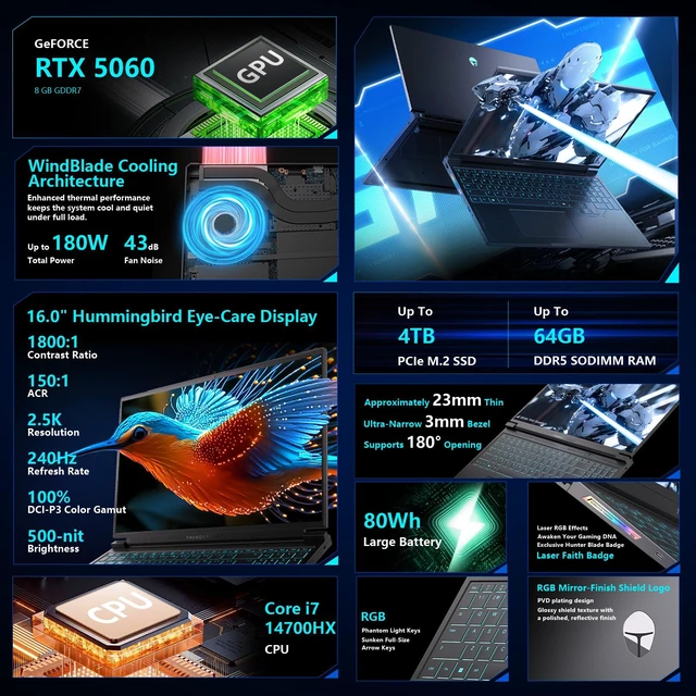 Alt view image 2 of 7 - Thunderobot Radiant S 16 Gaming Laptop, 16" WQXGA 240Hz, Intel Core i7-14700HX, NVIDIA GeForce RTX 5060, 64GB DDR5 RAM, 4TB SSD, Wi-Fi 6, Windows 11 Home, RGB Backlit Keyboard, Black