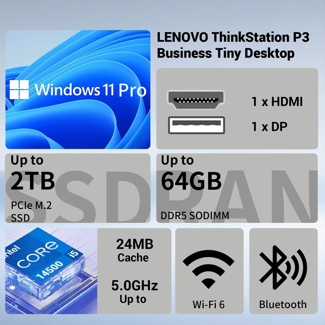 Alt view image 2 of 7 - Lenovo ThinkStation P3 Business Mini Desktop, Intel Core i5-14500, 16GB DDR5 RAM, 512GB SSD, Wi-Fi 6, Windows 11 Pro, Black