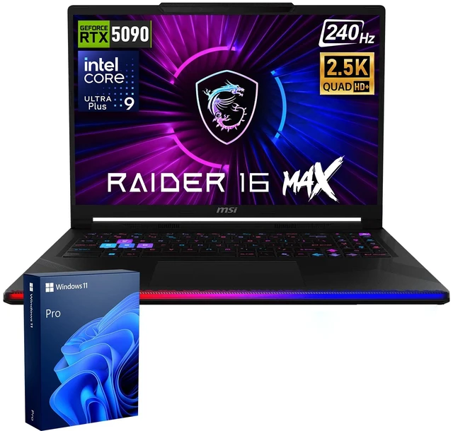 Main image of MSI Raider 16 Max HX Gaming Laptop, 16" WQXGA 240Hz, Intel Core Ultra 9 290HX Plus, NVIDIA GeForce RTX 5090, 32GB DDR5 RAM, 1TB SSD, Wi-Fi 7, Windows 11 Pro, RGB Backlit Keyboard, Black