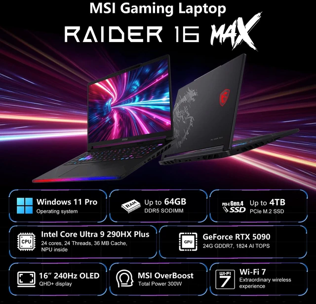 Alt view image 2 of 7 - MSI Raider 16 Max HX Gaming Laptop, 16" WQXGA 240Hz, Intel Core Ultra 9 290HX Plus, NVIDIA GeForce RTX 5090, 32GB DDR5 RAM, 1TB SSD, Wi-Fi 7, Windows 11 Pro, RGB Backlit Keyboard, Black