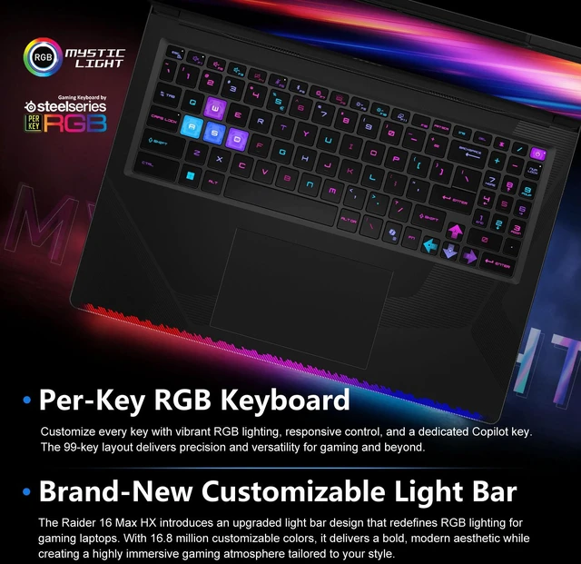 Alt view image 6 of 7 - MSI Raider 16 Max HX Gaming Laptop, 16" WQXGA 240Hz, Intel Core Ultra 9 290HX Plus, NVIDIA GeForce RTX 5090, 32GB DDR5 RAM, 1TB SSD, Wi-Fi 7, Windows 11 Pro, RGB Backlit Keyboard, Black