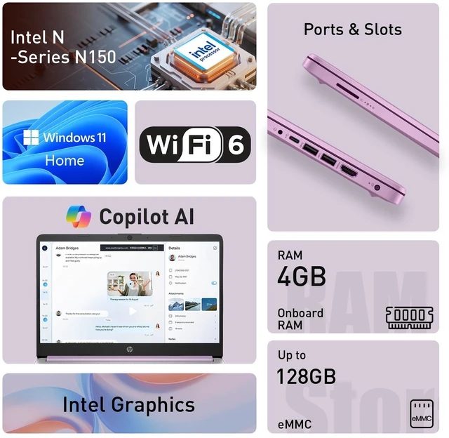 Alt view image 2 of 7 - HP Essential 14-dq6104dx Entry Laptop, 14" HD, Intel N-Series N150, 4GB RAM, 128GB eMMC, Wi-Fi 6, Windows 11 Home, Purple