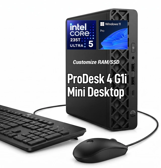 Main image of HP ProDesk 4 G1i Business Mini Desktop, Intel Core Ultra 5 235T, 64GB DDR5 RAM, 2TB SSD, Wi-Fi 6, Windows 11 Pro, Black