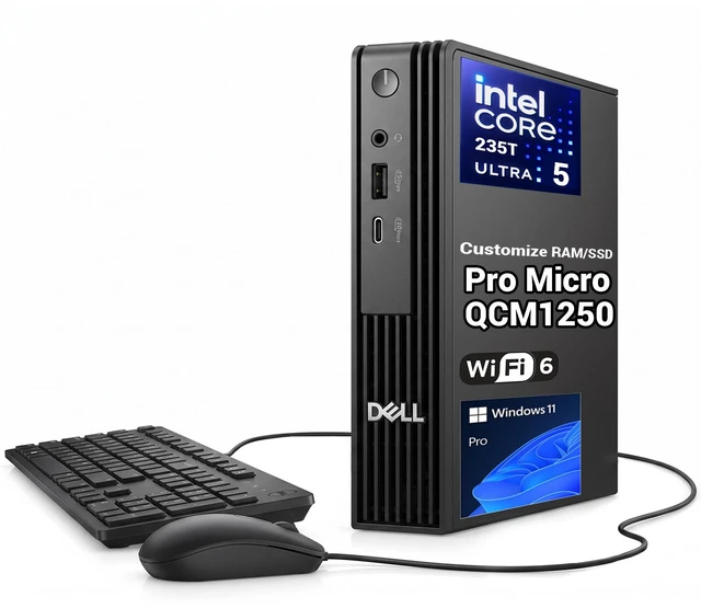 Main image of Dell Pro Micro QCM1250 Business Mini Desktop, Intel Core Ultra 5 235T, 8GB DDR5 RAM, 256GB SSD, Wi-Fi 6, Windows 11 Pro, Black