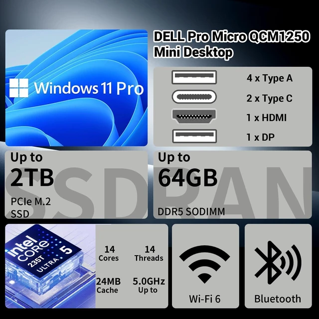 Alt view image 2 of 7 - Dell Pro Micro QCM1250 Business Mini Desktop, Intel Core Ultra 5 235T, 8GB DDR5 RAM, 256GB SSD, Wi-Fi 6, Windows 11 Pro, Black