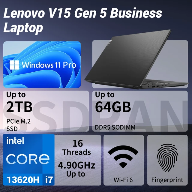 Alt view image 2 of 7 - Lenovo V15 Gen 5 Business Laptop, 15.6" FHD Display, Intel Core i7-13620H, 16GB DDR5 RAM, 512GB PCIe SSD, Wi-Fi 6, Windows 11 Pro, Black