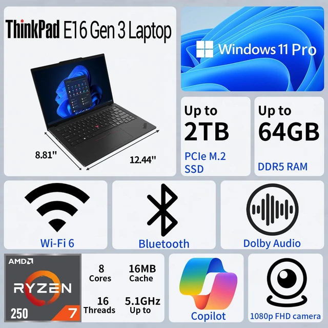 Alt view image 2 of 7 - Lenovo ThinkPad E16 Business Laptop, 16" FHD+ Display, AMD Ryzen 7 250, 32GB DDR5 RAM, 1TB PCIe SSD, Backlit KB, FP Reader, Wi-Fi 6, Windows 11 Pro, Black, w/PCO Bundle
