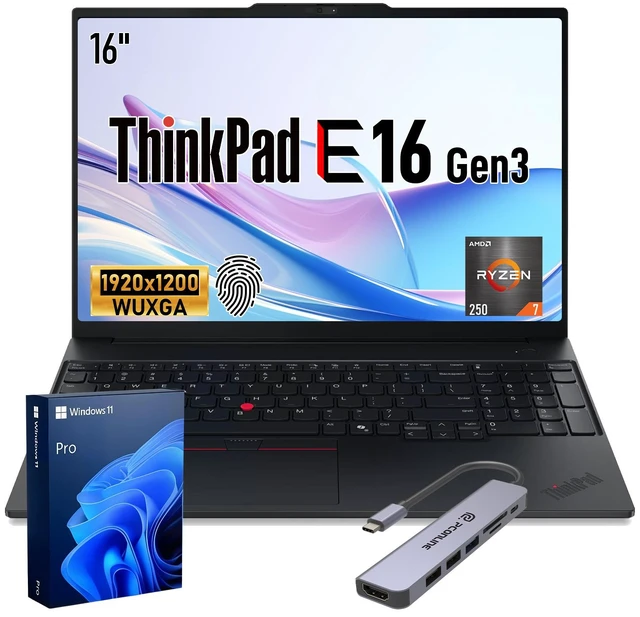 Main image of Lenovo ThinkPad E16 Business Laptop, 16" FHD+ Display, AMD Ryzen 7 250, 32GB DDR5 RAM, 1TB PCIe SSD, Backlit KB, FP Reader, Wi-Fi 6, Windows 11 Pro, Black, w/PCO Bundle