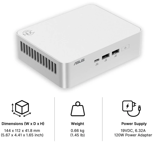 Alt view image 4 of 7 - ASUS NUC 15 Business Mini Desktop, Intel Core Ultra 5 225H, 8GB DDR5 SODIMM, 256GB SSD, Wi-Fi 7, Windows 11 Pro, Silver