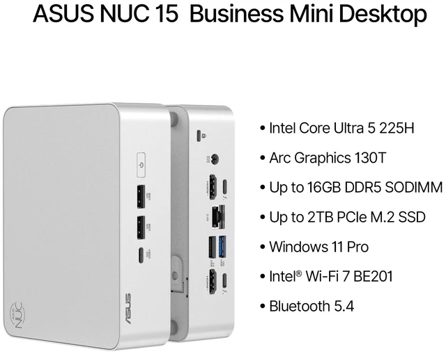 Alt view image 7 of 7 - ASUS NUC 15 Business Mini Desktop, Intel Core Ultra 5 225H, 8GB DDR5 SODIMM, 256GB SSD, Wi-Fi 7, Windows 11 Pro, Silver