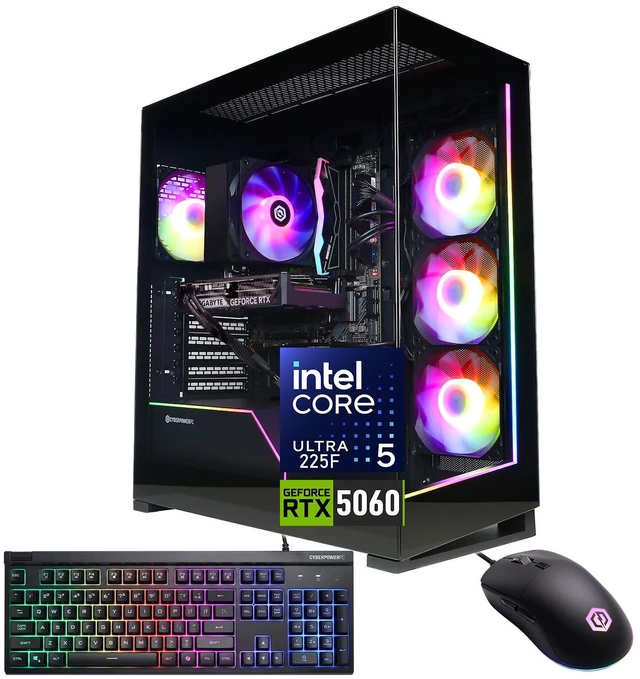 Main image of CyberPowerPC Gamer Xtreme Gaming Tower Desktop, Intel Core Ultra 5 225F, NVIDIA GeForce RTX 5060, 32GB DDR5 UDIMM, 4TB SSD, Wi-Fi 6, Windows 11 Home, Black, RGB Wired Keyboard & Wired Mouse