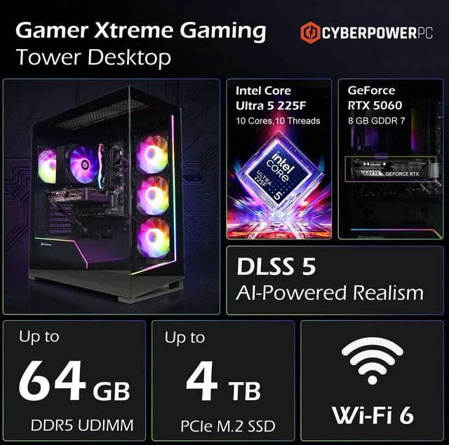 Alt view image 2 of 7 - CyberPowerPC Gamer Xtreme Gaming Tower Desktop, Intel Core Ultra 5 225F, NVIDIA GeForce RTX 5060, 32GB DDR5 UDIMM, 4TB SSD, Wi-Fi 6, Windows 11 Home, Black, RGB Wired Keyboard & Wired Mouse