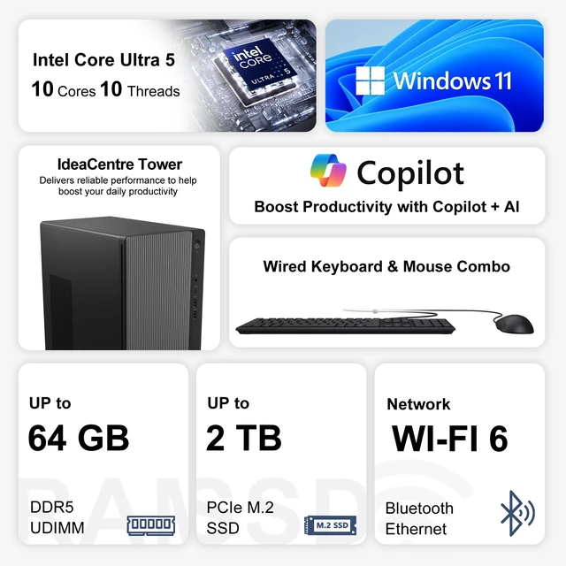 Alt view image 2 of 7 - Lenovo IdeaCentre Premium Tower Desktop, Intel Core Ultra 5 225, 32GB DDR5 UDIMM, 1TB SSD, Wi-Fi 6, Windows 11 Home, Grey, Wired Keyboard & Wired Mouse