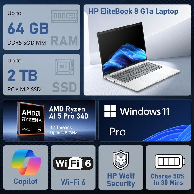 Alt view image 2 of 7 - HP EliteBook 8 G1a Business AI Laptop, 14" FHD+, AMD Ryzen AI 5 Pro 340, 16GB DDR5 RAM, 512GB SSD, Wi-Fi 6, Windows 11 Pro, Backlit Keyboard, Fingerprint Reader, AI Camera, Silver