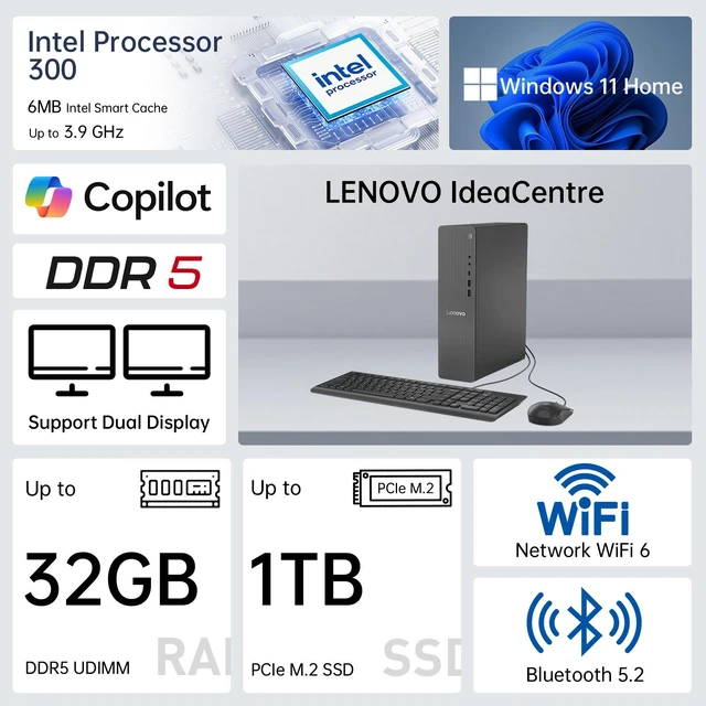 Alt view image 2 of 7 - Lenovo IdeaCentre Tower Desktop, Intel Processor 300, 16GB DDR5 UDIMM, 1TB SSD, Wi-Fi 6, Windows 11 Home, Grey, Wired Keyboard & Wired Mouse, HDMI